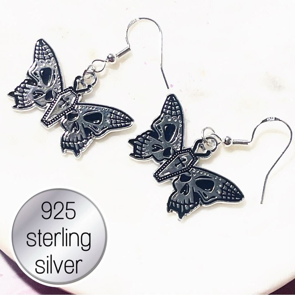 925 Sterling Silver gothic Halloween skull coffin Butterfly Earrings